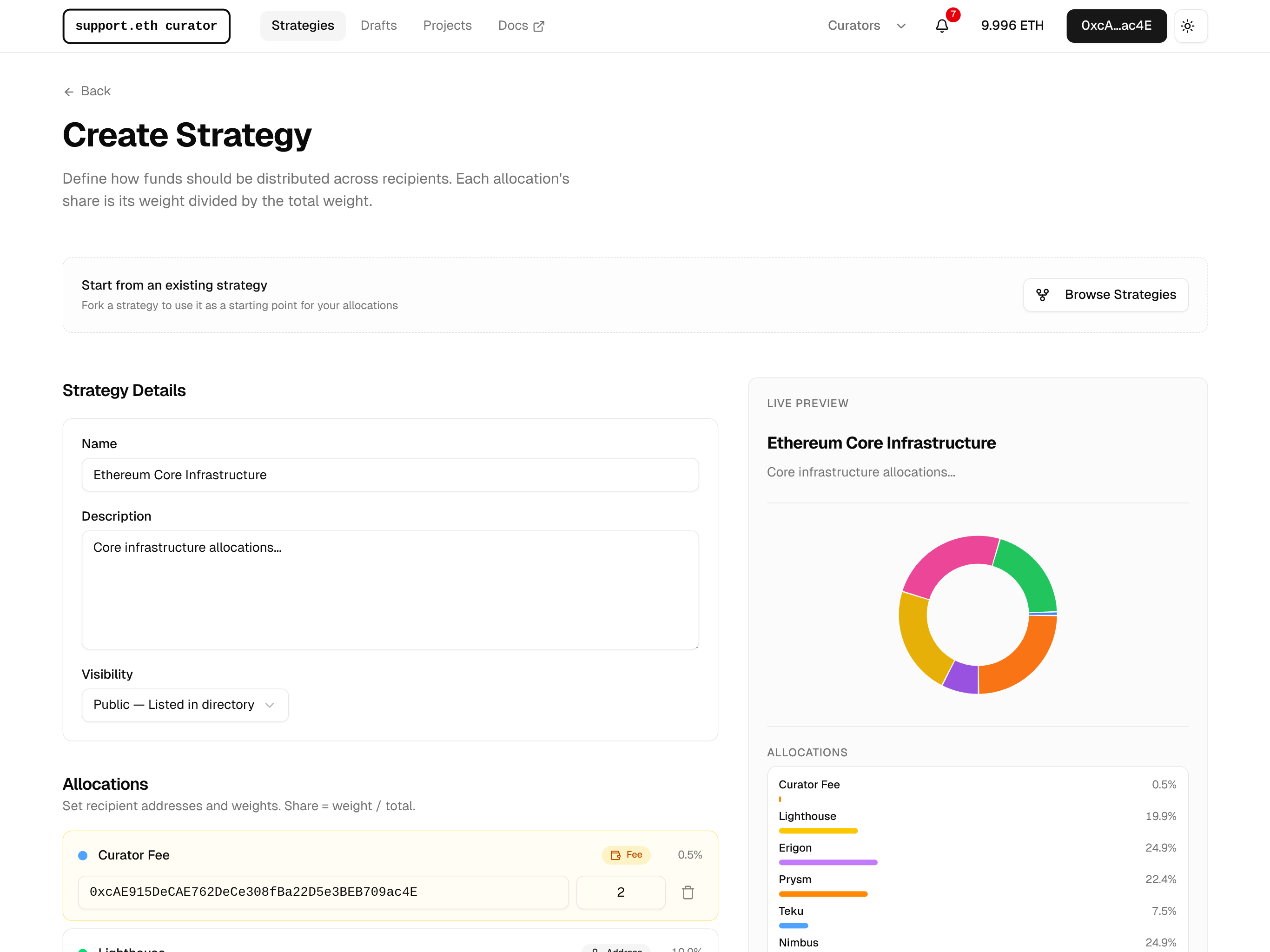 Create-strategy form with a live allocation preview